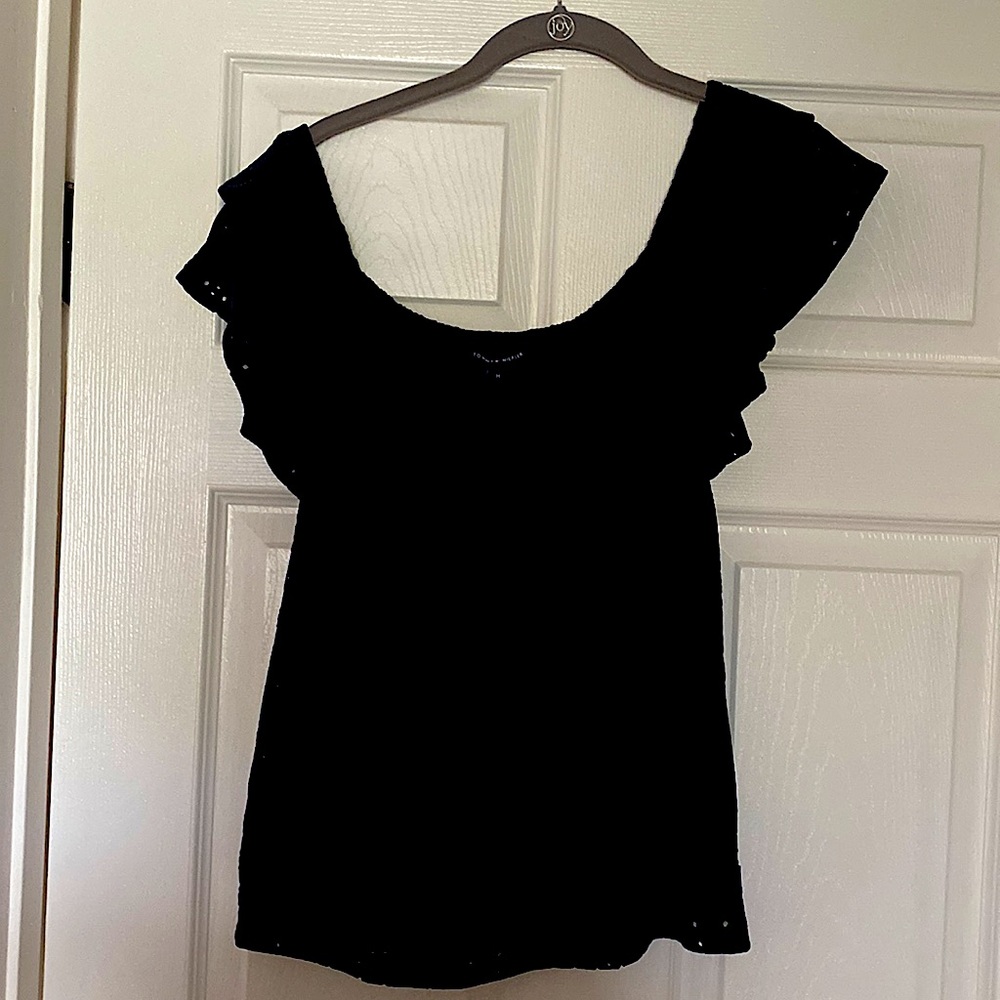 Tommy Hilfiger top- navy blue can wear off shoulder.  Ruffle front/back on top.